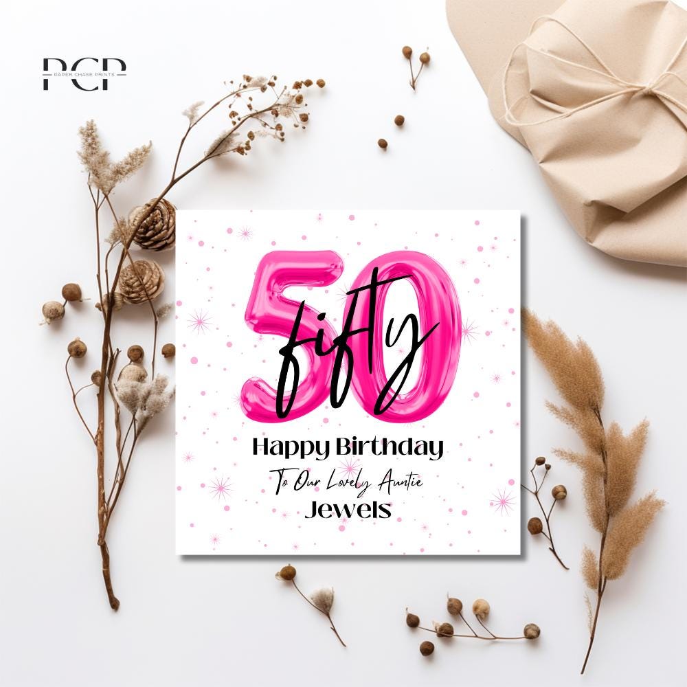 50th Birthday Card: Pink Balloon Design
