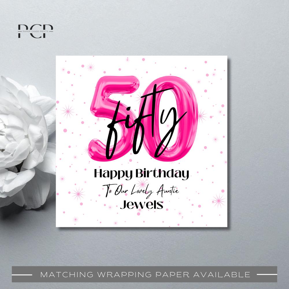 50th Birthday Card: Pink Balloon Design