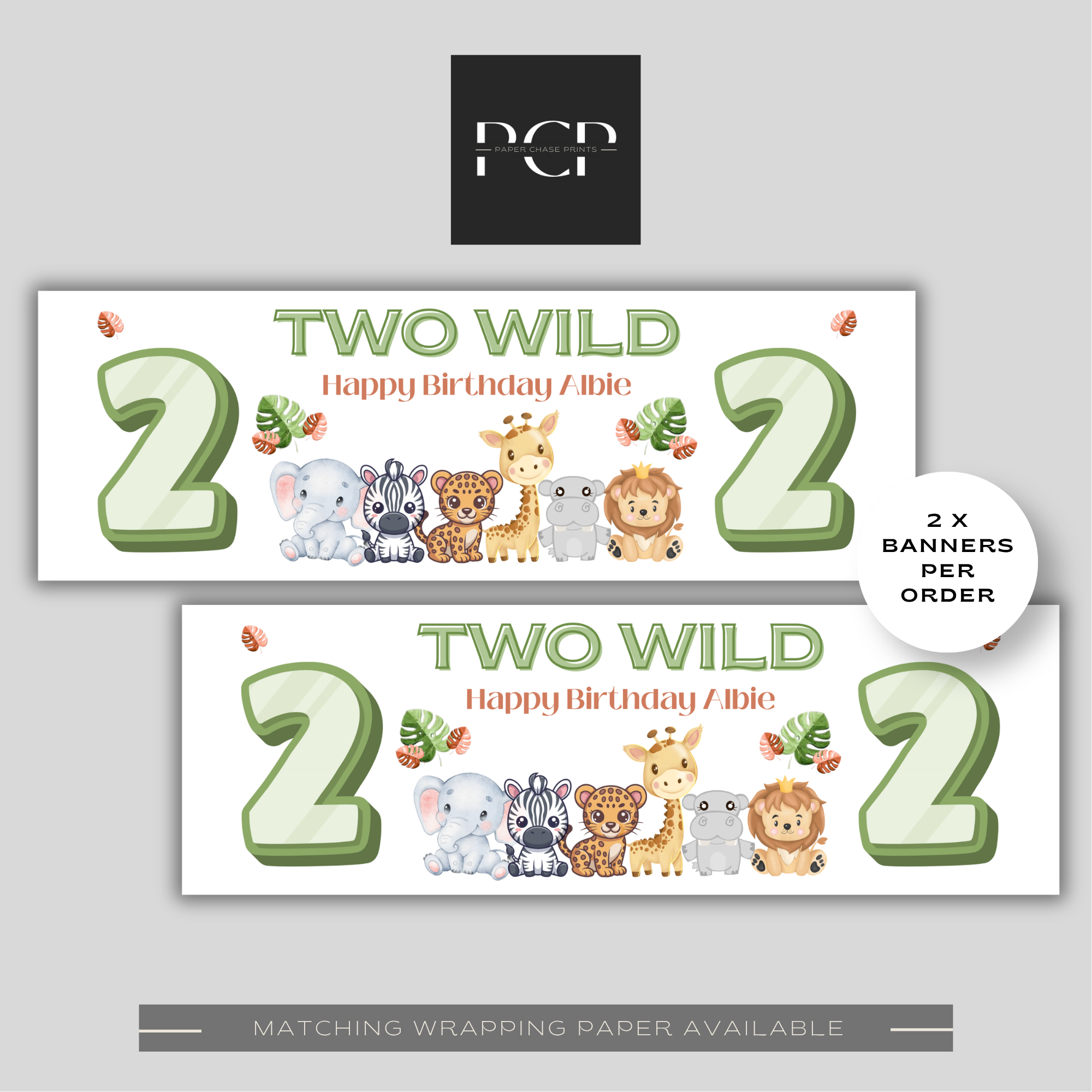 TWO Wild Animal Birthday Banner
