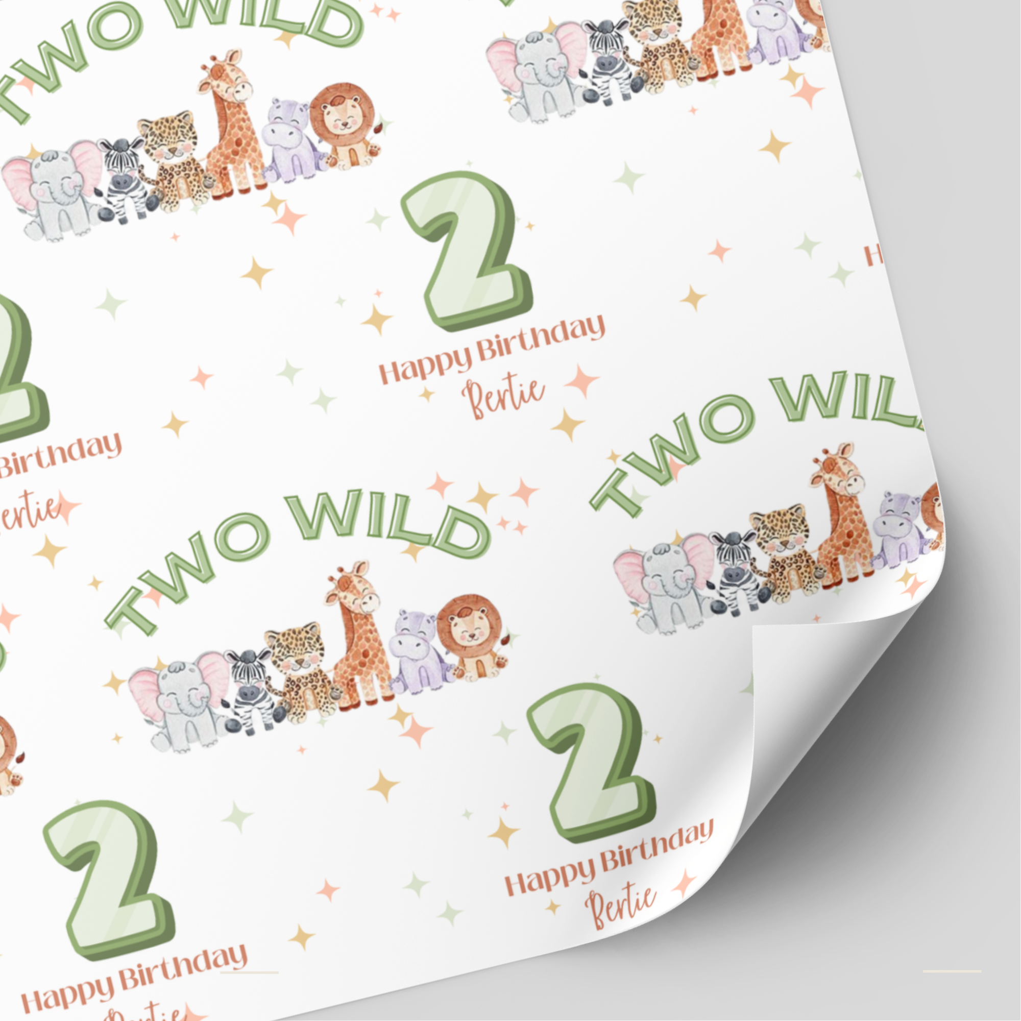 Two Wild Animal Birthday Wrapping Paper | 2nd Birthday Gift Wrap