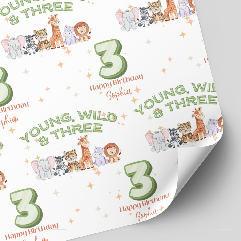 Young, Wild & Three Animal Birthday Wrapping Paper | 3rd Birthday Gift Wrap