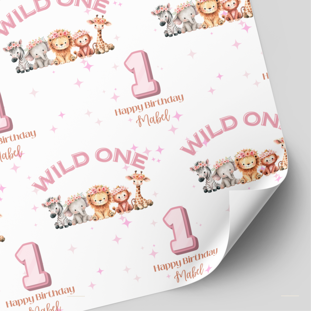 Wild One Animal Birthday Wrapping Paper | 1st Birthday Gift Wrap | Pink