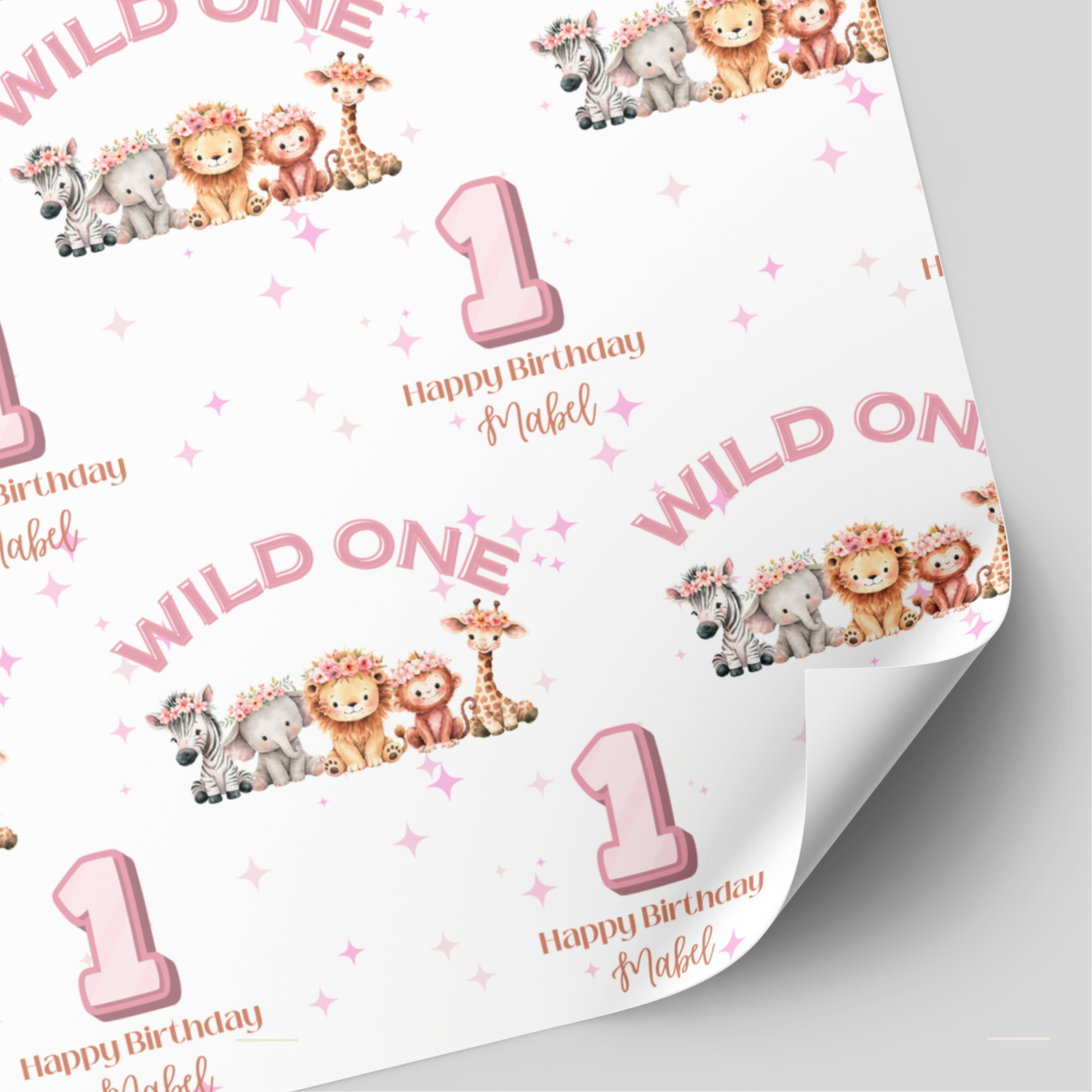 Wild One Animal Birthday Wrapping Paper | 1st Birthday Gift Wrap | Pink