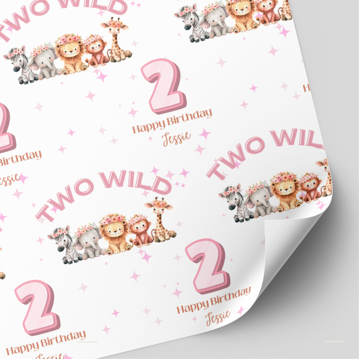 Two Wild Animal Birthday Wrapping Paper | 2nd Birthday Gift Wrap | Pink