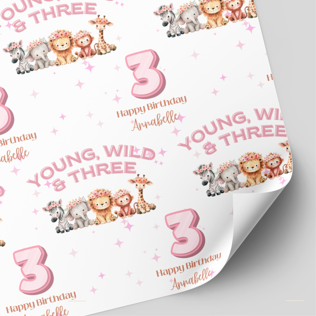 Young, Wild & Three Animal Birthday Wrapping Paper | 3rd Birthday Gift Wrap | Pink