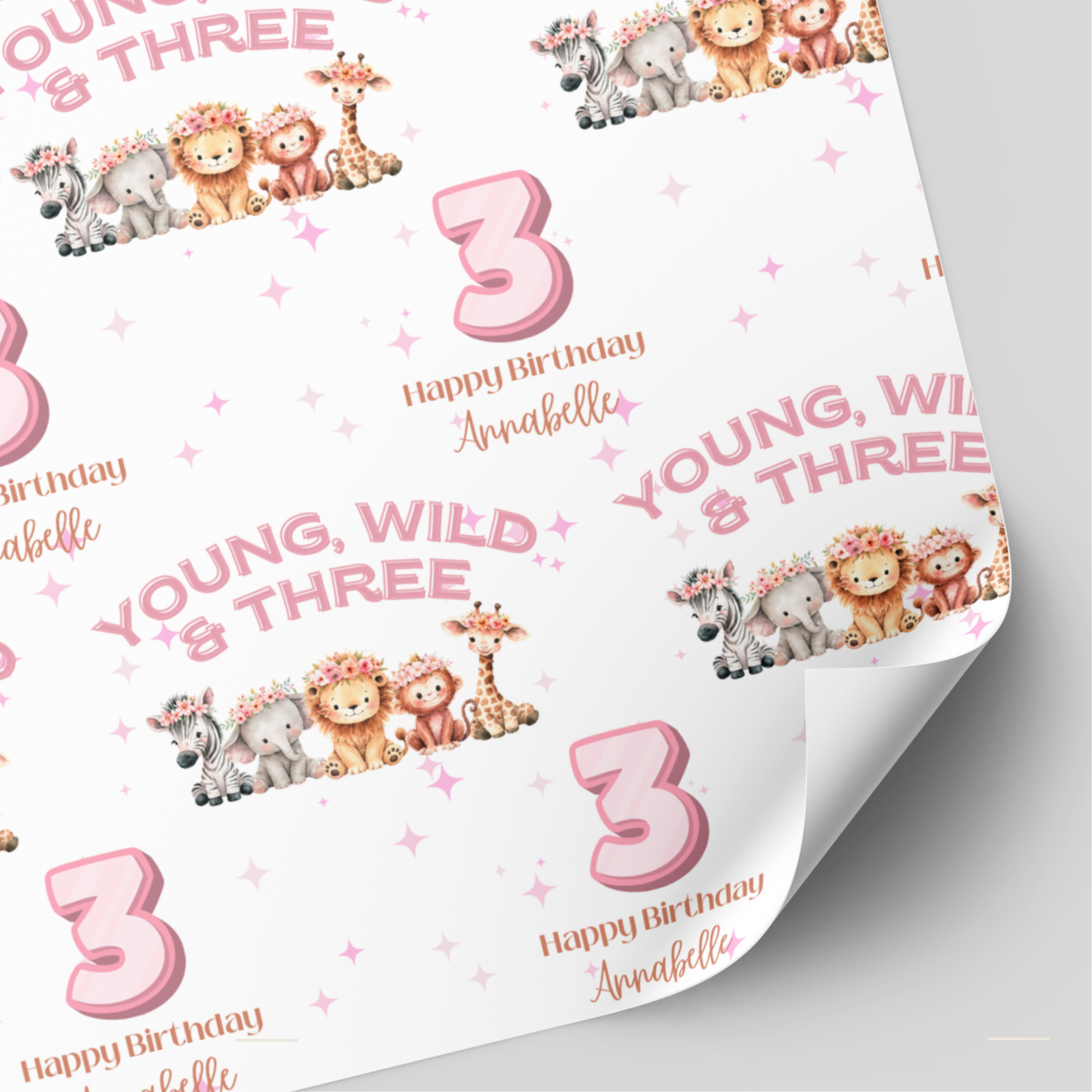 Young, Wild & Three Animal Birthday Wrapping Paper | 3rd Birthday Gift Wrap | Pink