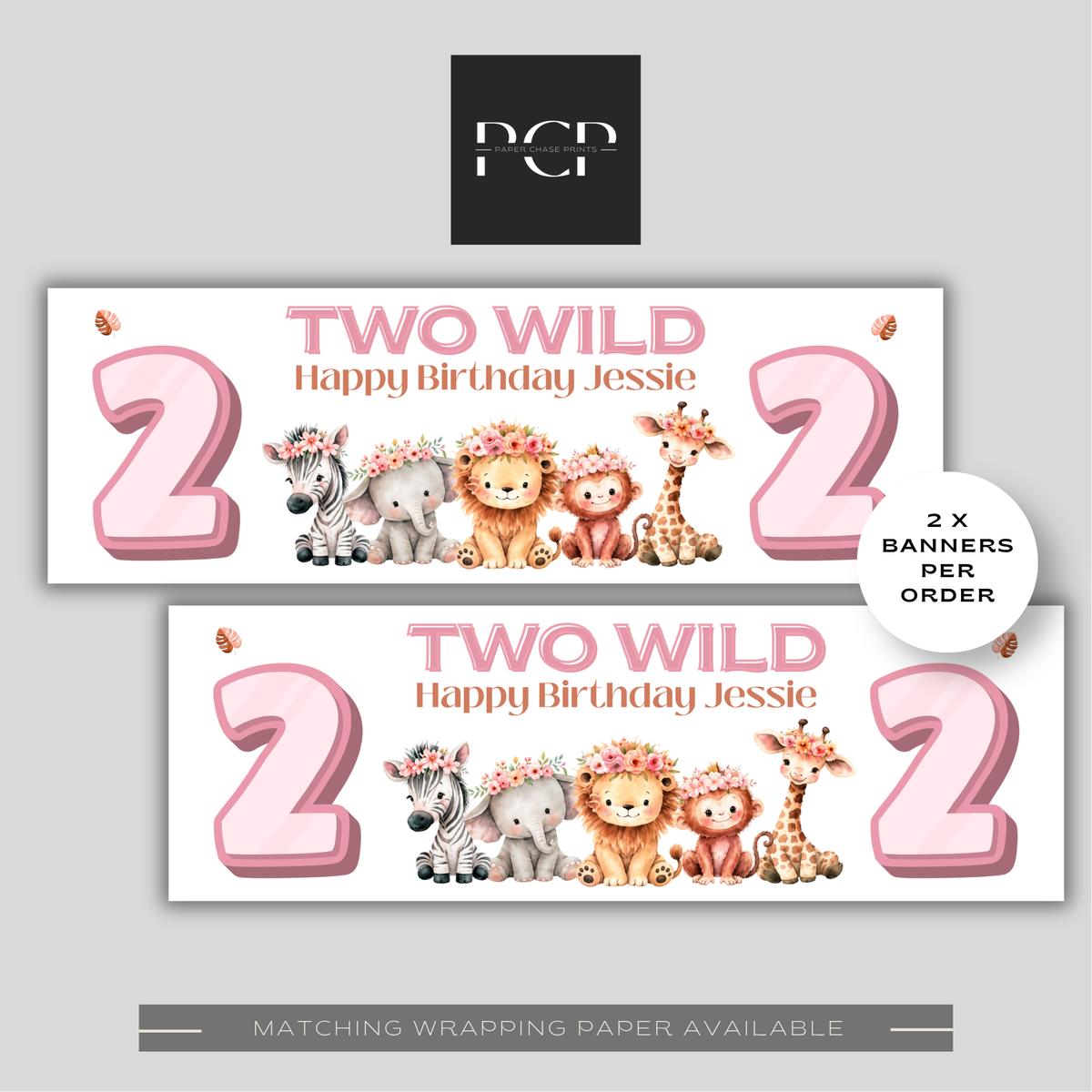 TWO Wild Animal Birthday Banner | Pink
