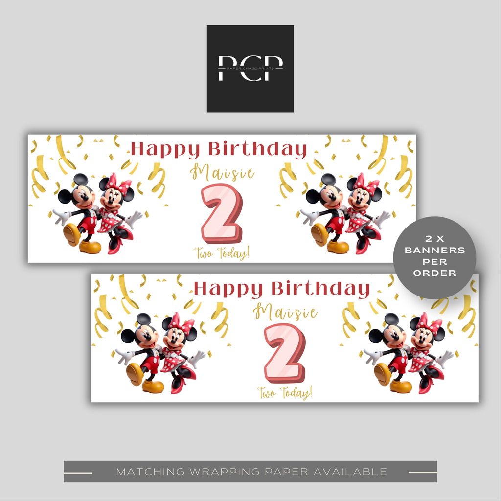 Mickey & Minnie Mouse Birthday Banner | Red & Gold