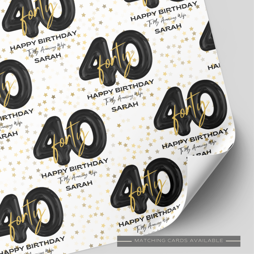 40th Birthday Black & Gold Balloon Wrapping Paper