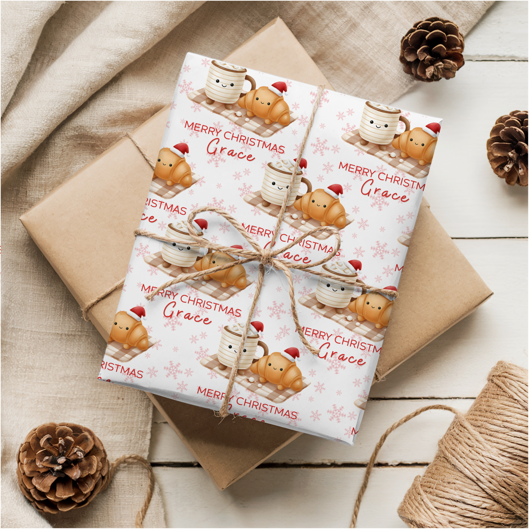 Plushie Christmas Wrapping Paper | Coffee & Croissant Gift Wrap