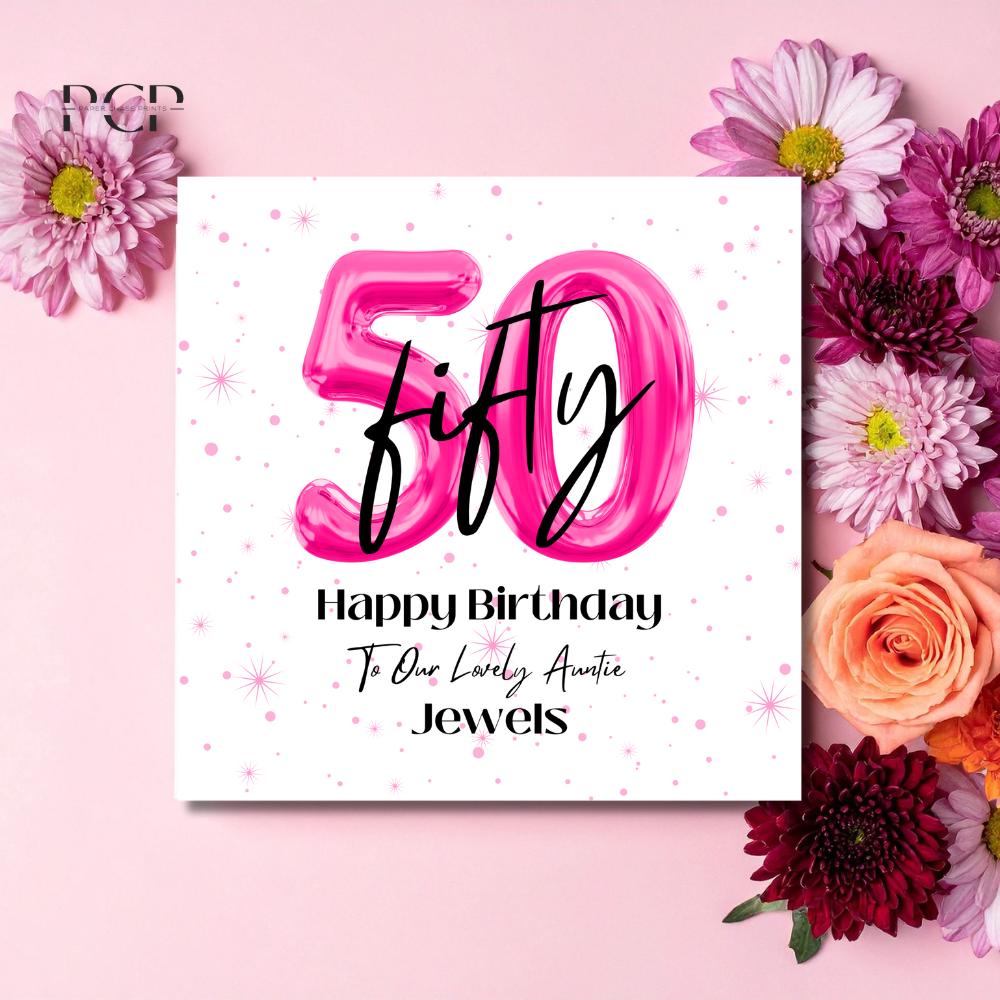 50th Birthday Card: Pink Balloon Design